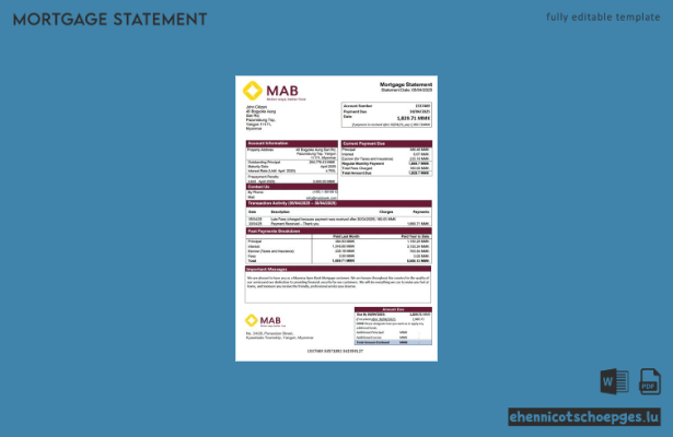 Beispiel eines Hypothekenauszugs der Myanmar Apex Bank (Word- und PDF-Datei)